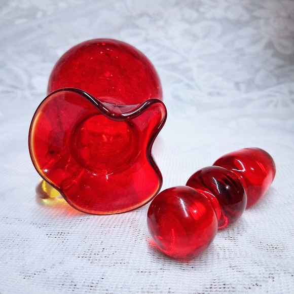 Vintage Blenko Amberina Crackle Glass Cruet Pitcher Bubble Stopper Red To Yellow - Picture 6 of 13